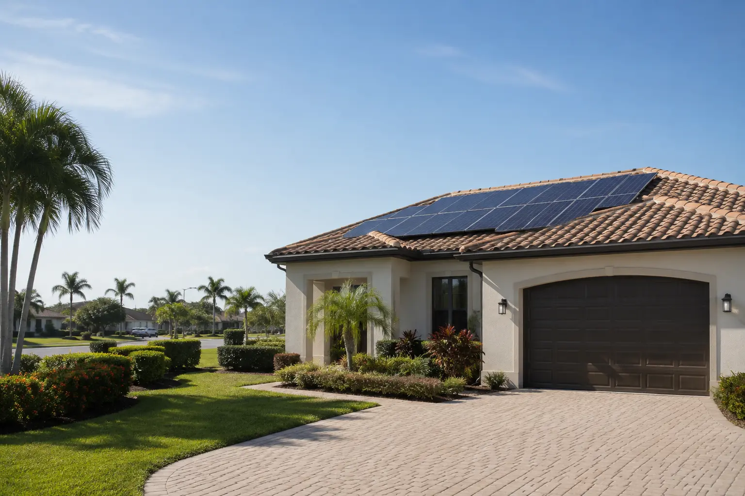 Florida home with a barrel-tile roof and a rooftop solar array